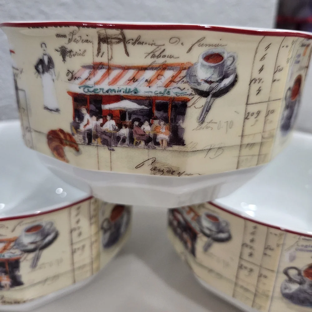Williams Sonoma Ceral Bowls with Red Rim and Cafe Motif